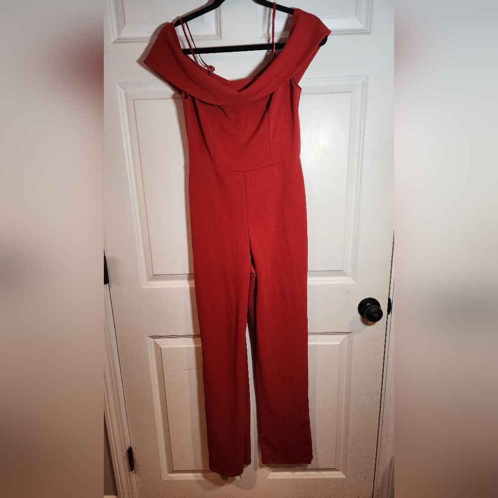 Charlotte Russe Elegant Red Zip Back Off-Shoulder Jumpsuit S